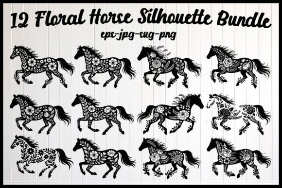 12 Floral Horse Silhouette Bundle Graphics and Illustrations