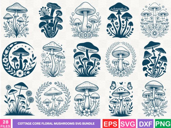 Cottage Core Floral Mushrooms Svg Bundle Graphics and Illustrations