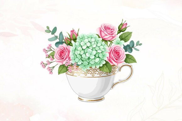 Elegant Floral Teacup Rose Hydrangea Graphics and Illustrations