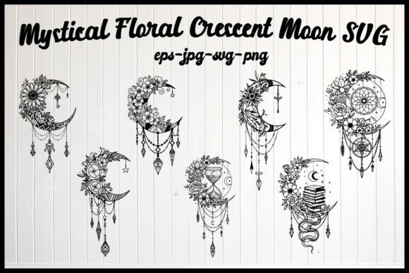 Mystical Floral Crescent Moon SVG Graphics and Illustrations