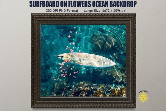 Surfboard on Flowers Ocean Backdrop: Graphics and Backgrounds for Branding