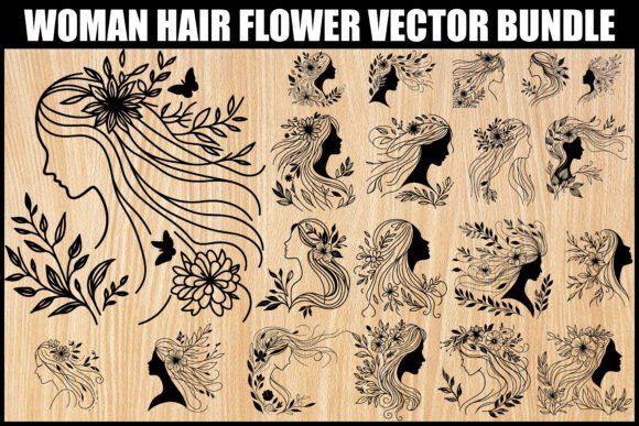 Woman Hair Floral Silhouette Bundle Graphics and Illustrations
